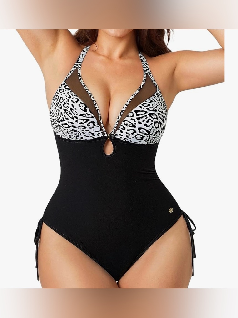 shapewear Black One-Piece Swimsuit with White Leopard Accents